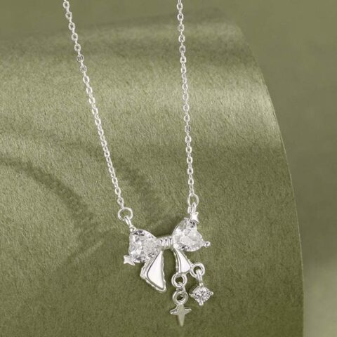 S999 Sterling Silver Bow Zircon Necklace