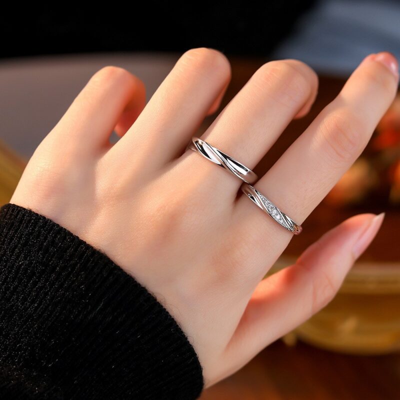 Sterling Silver Couple Ring Set Simple Corrugated Adjustable Rings