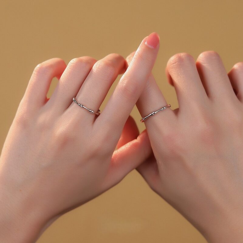 S999 Sterling Silver Bamboo Ring Set - Pure Silver Adjustable Minimalist Couple Rings