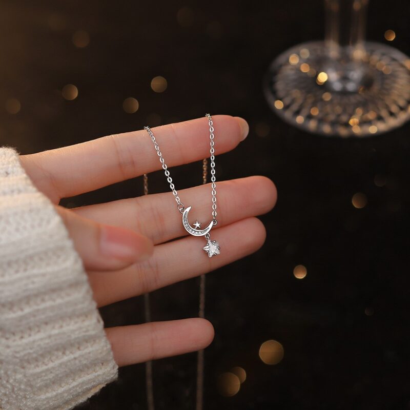 S999 Sterling Silver Star and Crescent Necklace