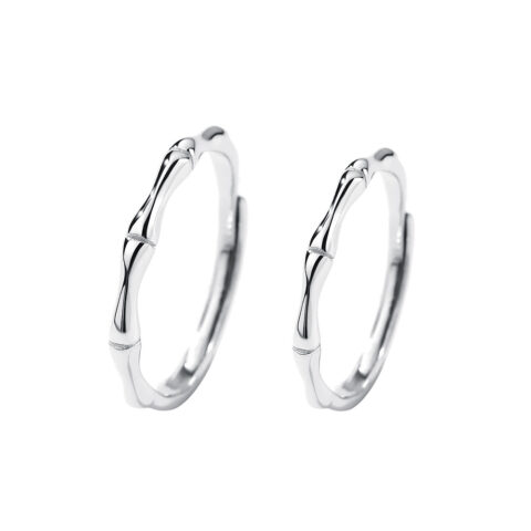 S999 Sterling Silver Bamboo Ring Set - Pure Silver Adjustable Minimalist Couple Rings