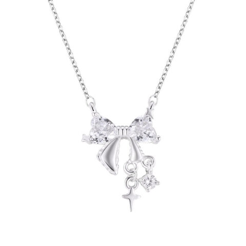 S999 Sterling Silver Bow Zircon Necklace