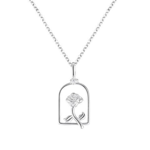 S999 Sterling Silver Window Frame Design Rose Flower Pendant Necklace