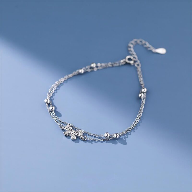 925 Sterling Silver Double Chain Bow Bracelet