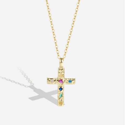 Sterling Silver Cross Pendant Necklace Colorful CZ Cross