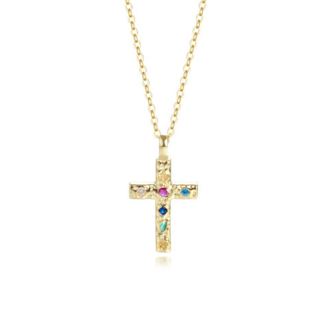 Sterling Silver Cross Pendant Necklace Colorful CZ Cross