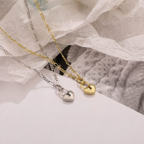 Heart Pendant Necklace Gold 925 Sterling Silver Lock Necklace